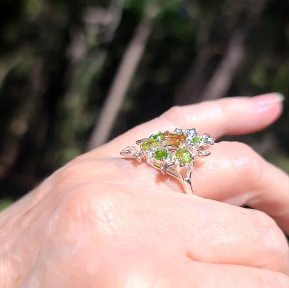 Citrine Peridot & Chrome Diopside floral sterling ring sz6.5 - Picture 4 of 8